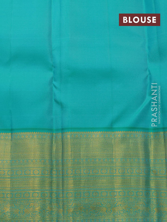 Pure kanjivaram silk saree magenta pink and teal green shade with allover zari woven buttas and long rich zari woven border butta style