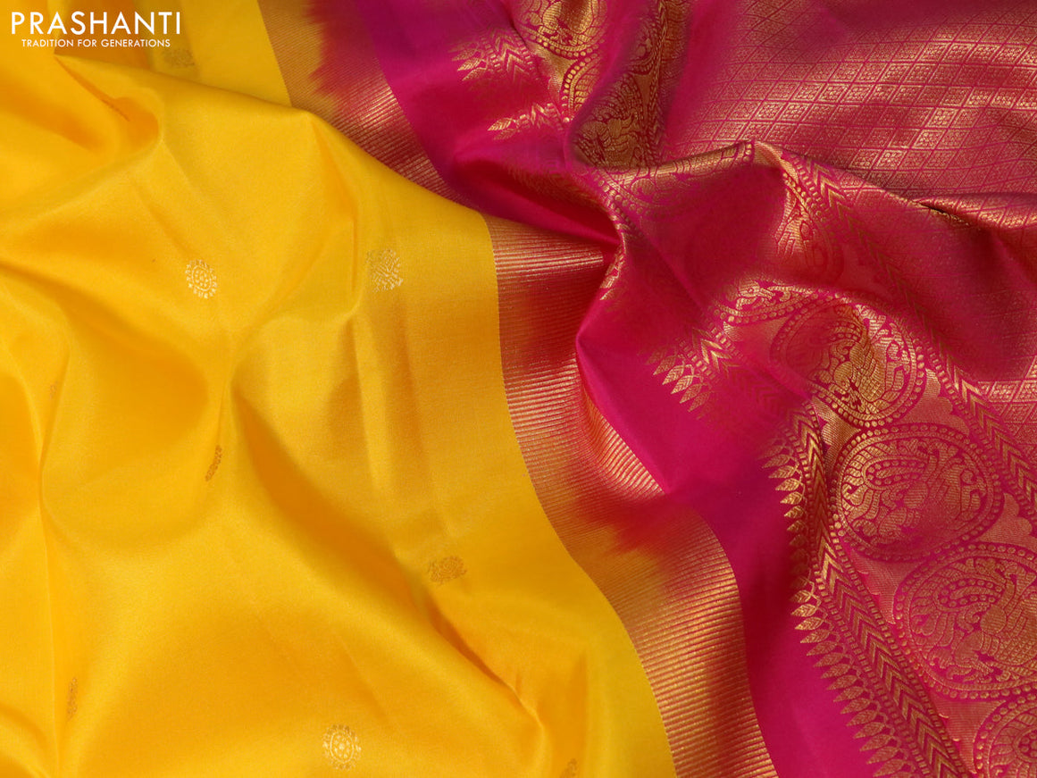 Pure kanjivaram silk saree mango yellow with annam & rudhraksha zari woven buttas and rich zari woven ganga jamuna border butta style