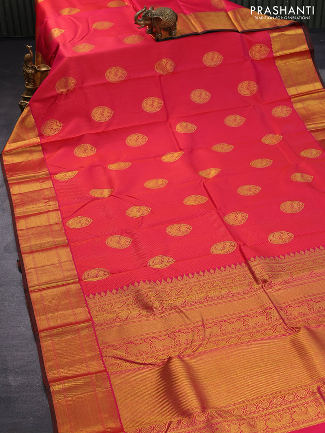 Pure kanjivaram silk saree dual shade of pink and dual shade of green with allover self emboss & zari buttas and rich zari woven border self emboss butta