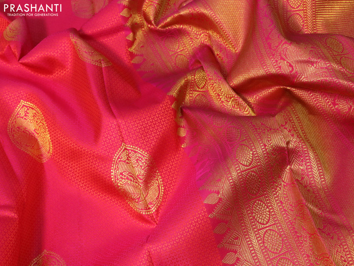Pure kanjivaram silk saree dual shade of pink and dual shade of green with allover self emboss & zari buttas and rich zari woven border self emboss butta