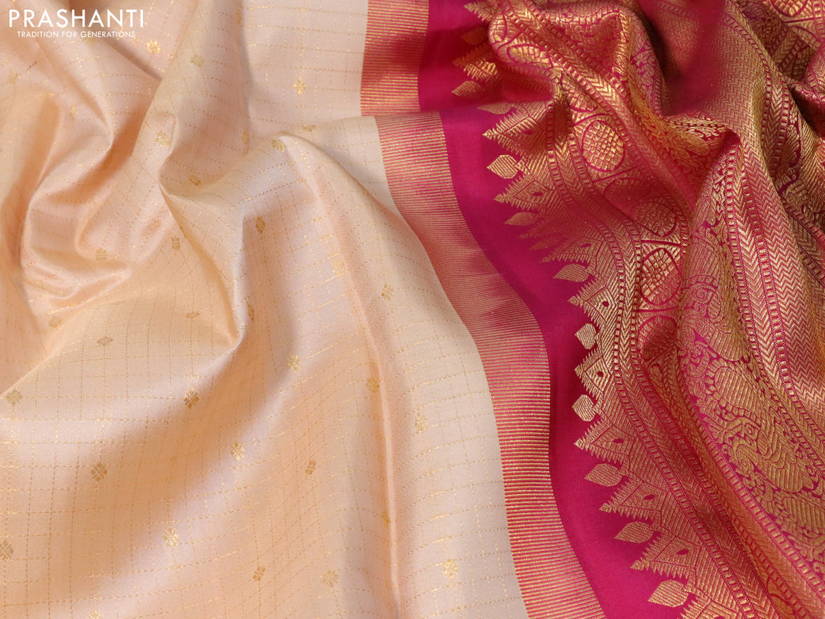 Pure kanjivaram silk saree sandal and magenta pink with allover zari checks & buttas and annam & elephnant zari woven border checks