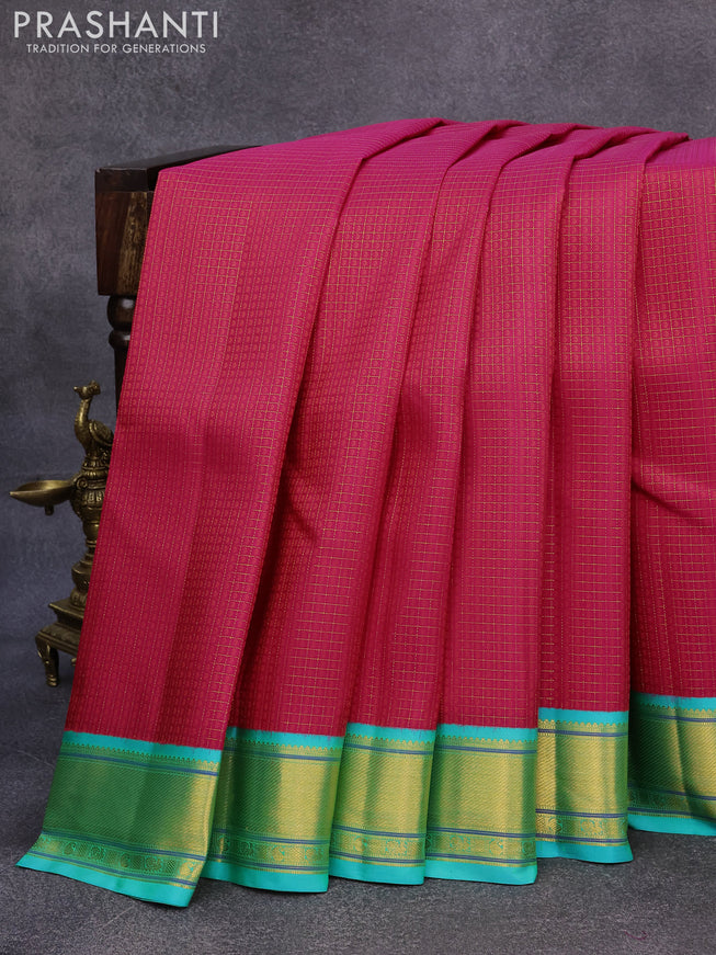 Pure kanjivaram silk saree pink and teal blue with allover zari checks & 1000 thread buttas and zari woven border checks