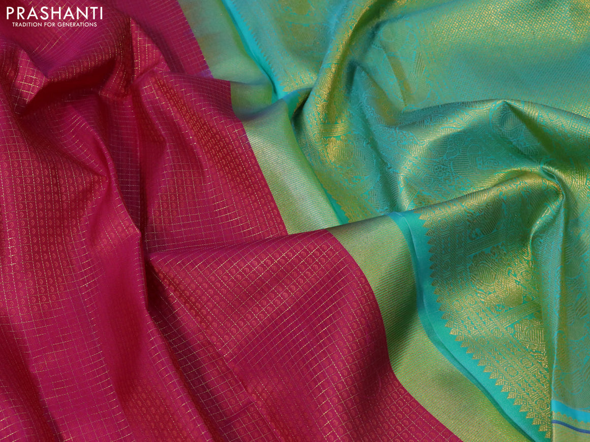 Pure kanjivaram silk saree pink and teal blue with allover zari checks & 1000 thread buttas and zari woven border checks