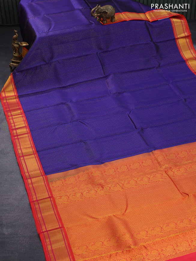 Pure kanjivaram silk saree blue and orange with allover zari checks & 1000 thread buttas and zari woven border checks