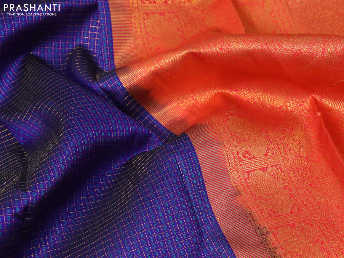 Pure kanjivaram silk saree blue and orange with allover zari checks & 1000 thread buttas and zari woven border checks