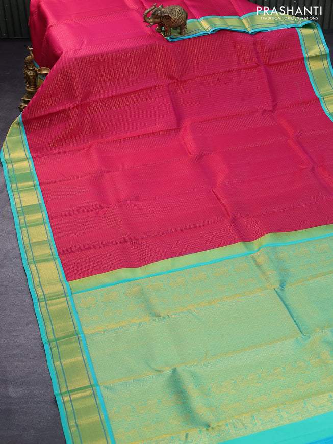 Pure kanjivaram silk saree dark pink and teal blue with allover zari checks & 1000 thread buttas and zari woven border checks