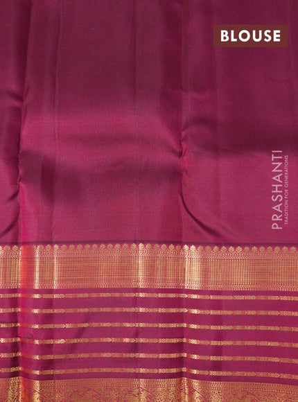 Pure kanjivaram silk saree teal green shade and dark magenta pink with allover zari woven annam buttas and long rich zari woven korvai border butta style