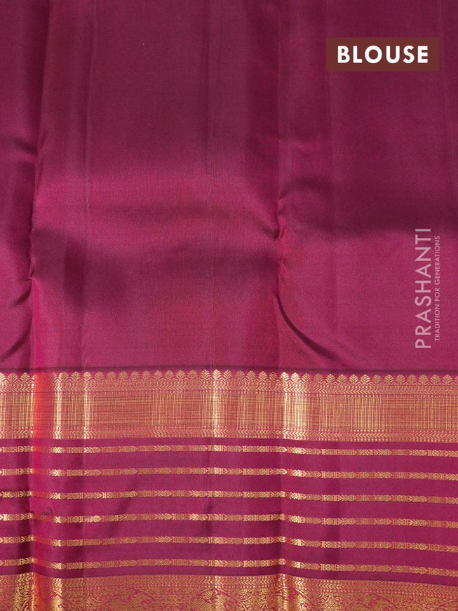 Pure kanjivaram silk saree teal green shade and dark magenta pink with allover zari woven annam buttas and long rich zari woven korvai border butta style