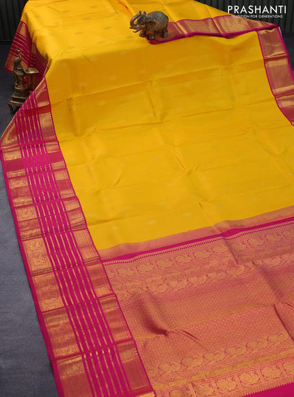 Pure kanjivaram silk saree mango yellow and pink with allover zari woven annam buttas and long rich zari woven korvai border butta style