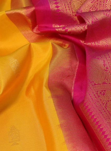 Pure kanjivaram silk saree mango yellow and pink with allover zari woven annam buttas and long rich zari woven korvai border butta style