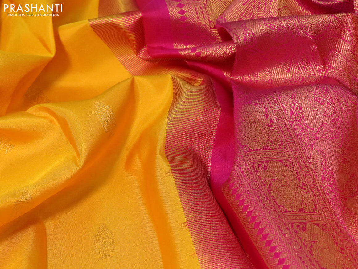 Pure kanjivaram silk saree mango yellow and pink with allover zari woven annam buttas and long rich zari woven korvai border butta style