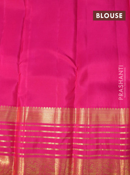 Pure kanjivaram silk saree mango yellow and pink with allover zari woven annam buttas and long rich zari woven korvai border butta style