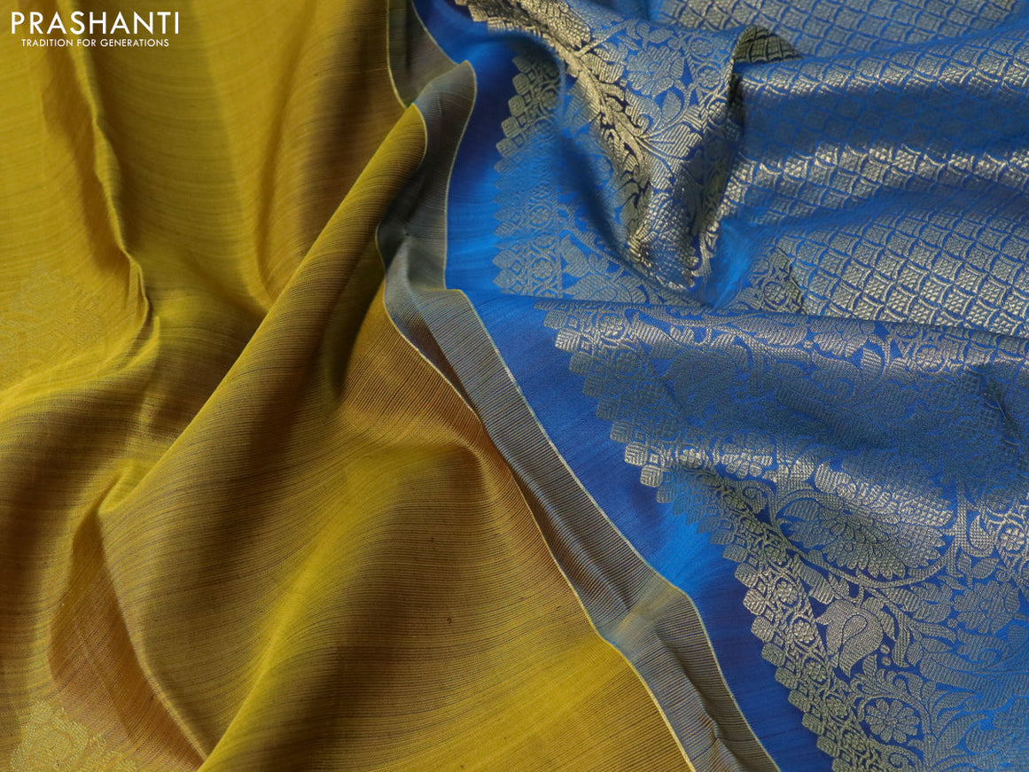 Pure kanjivaram silk saree mehendi green and cs blue with zari woven buttas and rich zari woven border butta style