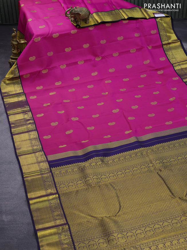 Pure kanjivaram silk saree pink and navy blue with paisley zari woven buttas and rich annam zari woven border butta style