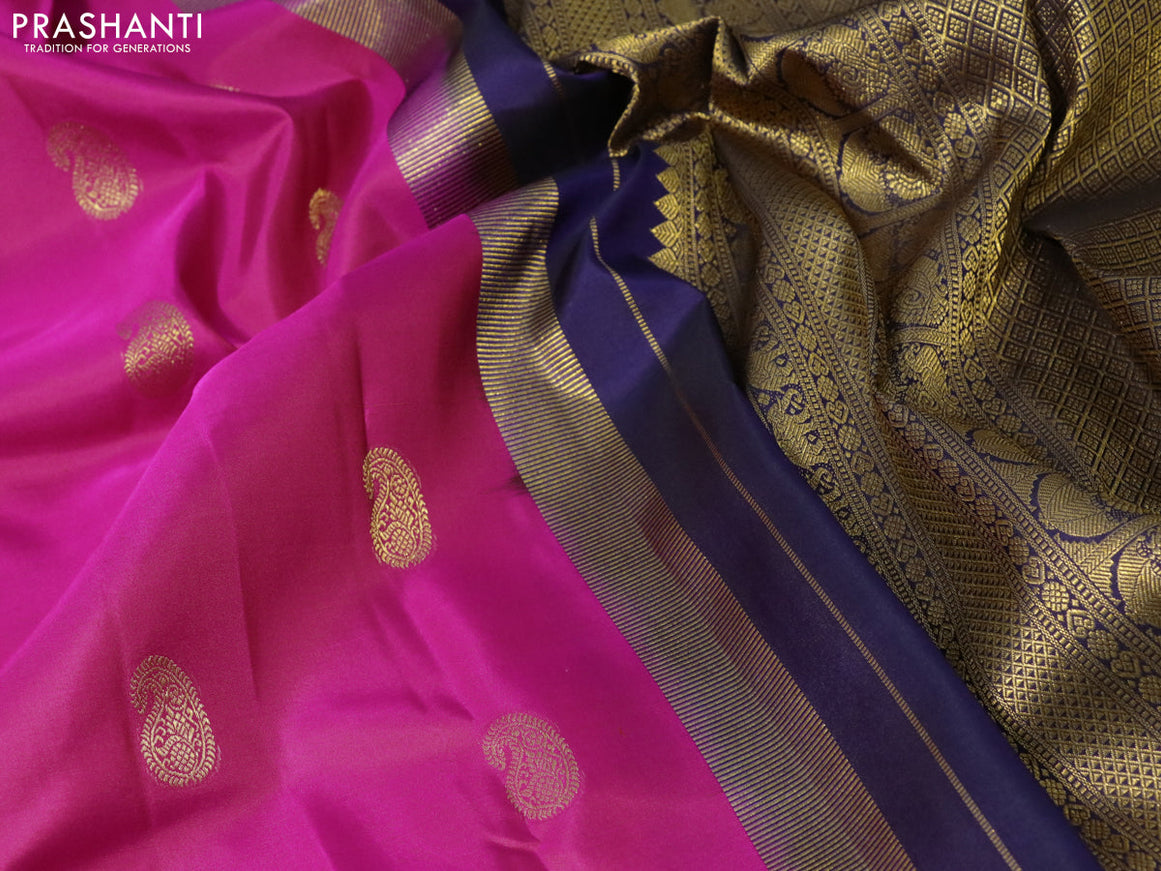Pure kanjivaram silk saree pink and navy blue with paisley zari woven buttas and rich annam zari woven border butta style
