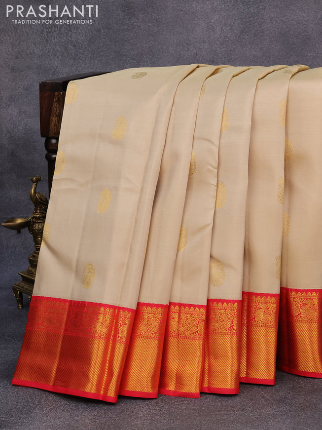 Pure kanjivaram silk saree beige and red with paisley zari woven buttas and rich annam zari woven border butta style