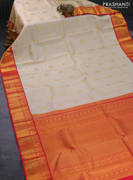 Pure kanjivaram silk saree beige and red with paisley zari woven buttas and rich annam zari woven border butta style