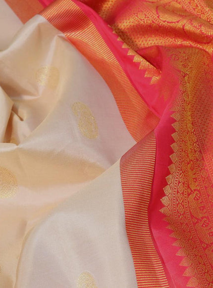 Pure kanjivaram silk saree beige and red with paisley zari woven buttas and rich annam zari woven border butta style