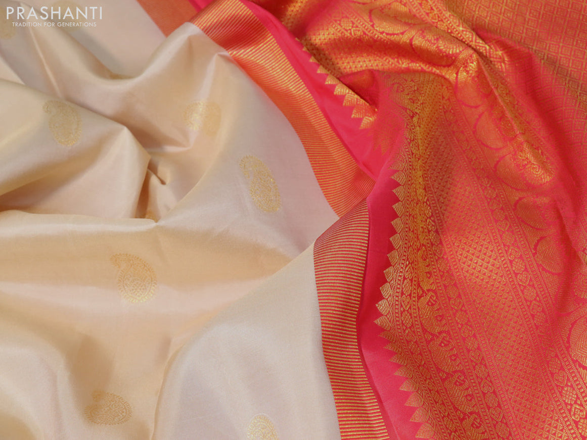 Pure kanjivaram silk saree beige and red with paisley zari woven buttas and rich annam zari woven border butta style