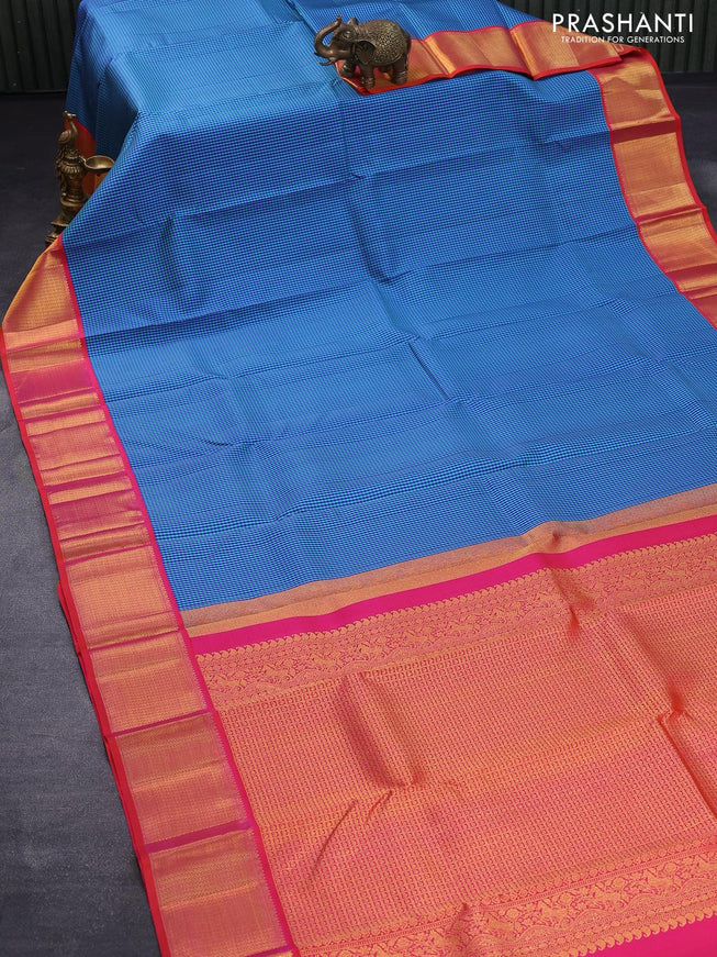 Pure kanjivaram silk saree blue teal blue and dual shade of pinkish orange with allover zari checked pattern and rich zari woven border checks