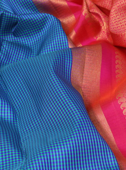 Pure kanjivaram silk saree blue teal blue and dual shade of pinkish orange with allover zari checked pattern and rich zari woven border checks