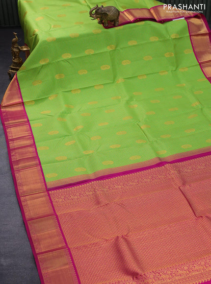 Pure kanjivaram silk saree green yellow and magenta pink with allover zari checked pattern & paisley zari buttas and rich zari woven korvai border checks