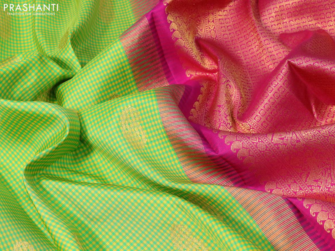 Pure kanjivaram silk saree green yellow and magenta pink with allover zari checked pattern & paisley zari buttas and rich zari woven korvai border checks