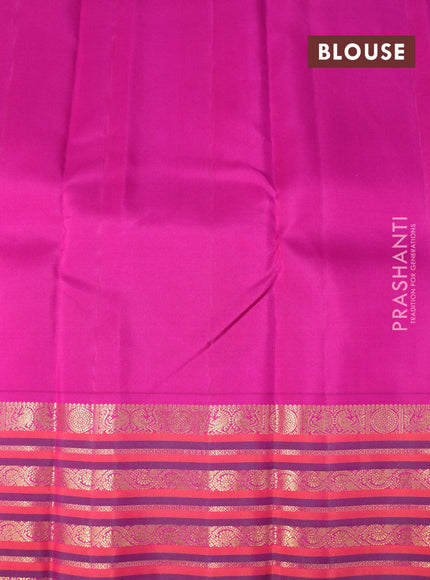 Pure kanjivaram silk saree light green and magenta pink with paisley zari woven buttas and rich annam & rudhraksha zari woven korvai border butta style