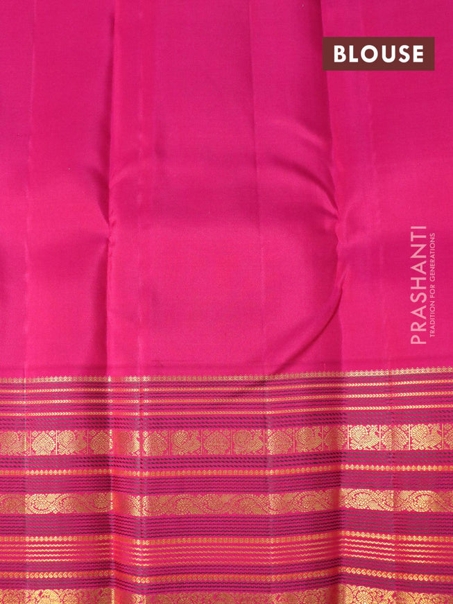 Pure kanjivaram silk saree teal green shade and pink with allover zari weaves and long rich zari woven border allover weaves