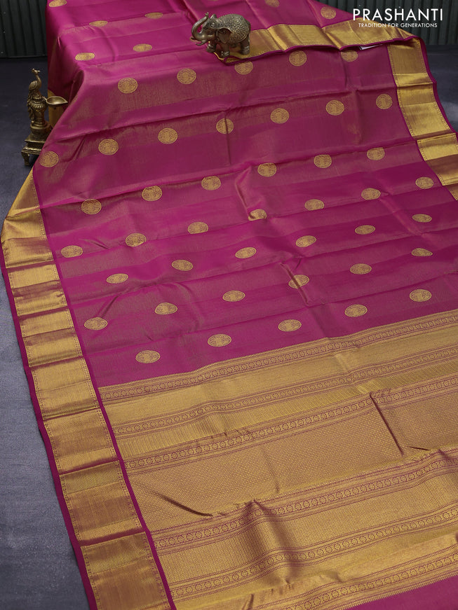 Pure kanjivaram silk saree dark pink and dual shade of green with allover zari weaves & buttas and rich zari woven border allover weaves
