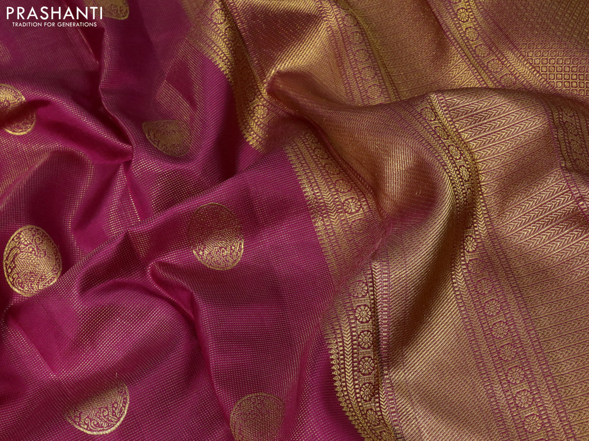 Pure kanjivaram silk saree dark pink and dual shade of green with allover zari weaves & buttas and rich zari woven border allover weaves