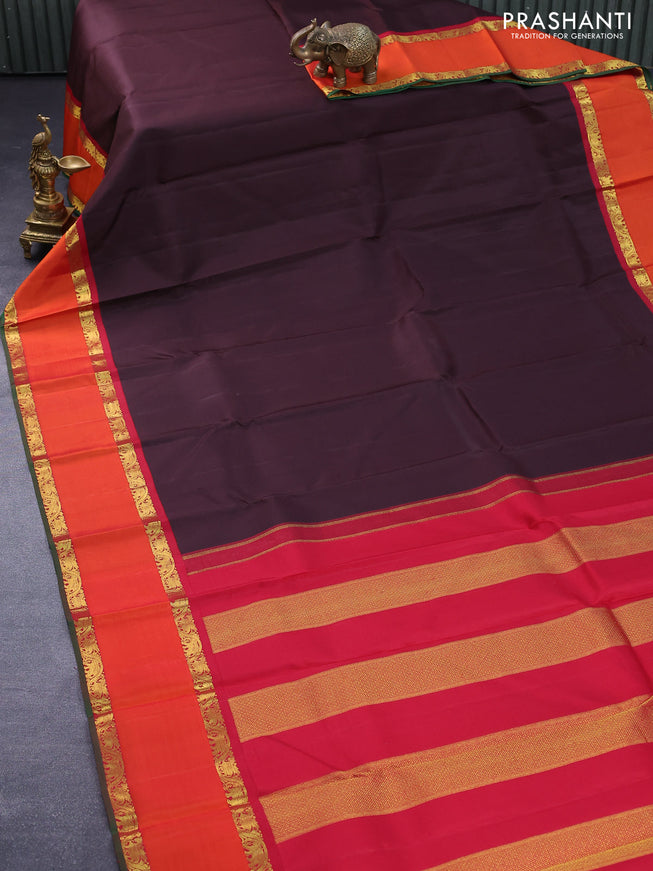 Pure kanjivaram silk saree coffee brown and red orange with plain body and rettapet zari woven border plain body