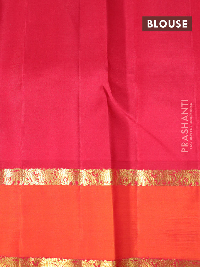 Pure kanjivaram silk saree coffee brown and red orange with plain body and rettapet zari woven border plain body