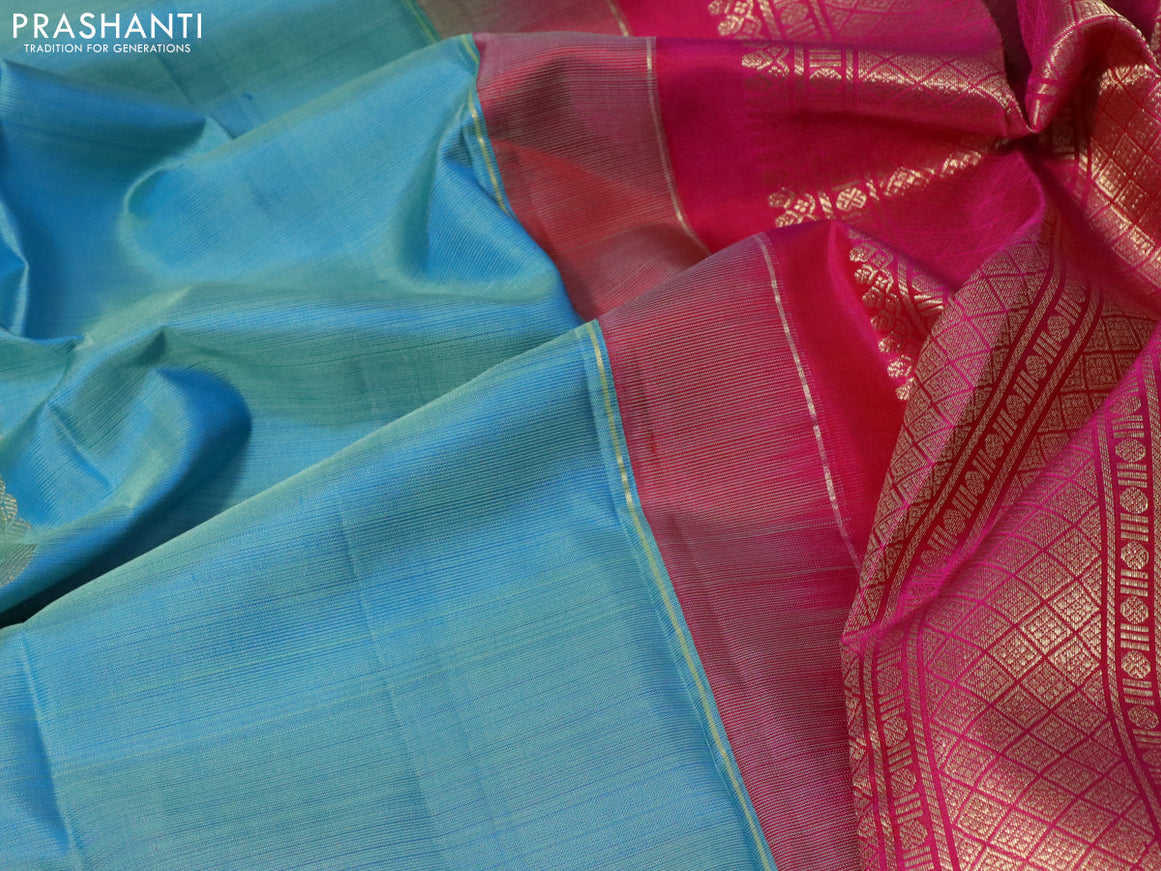 Pure kanjivaram silk saree dual shade of blue and pink with peacock zari woven buttas in borderless style borderless style
