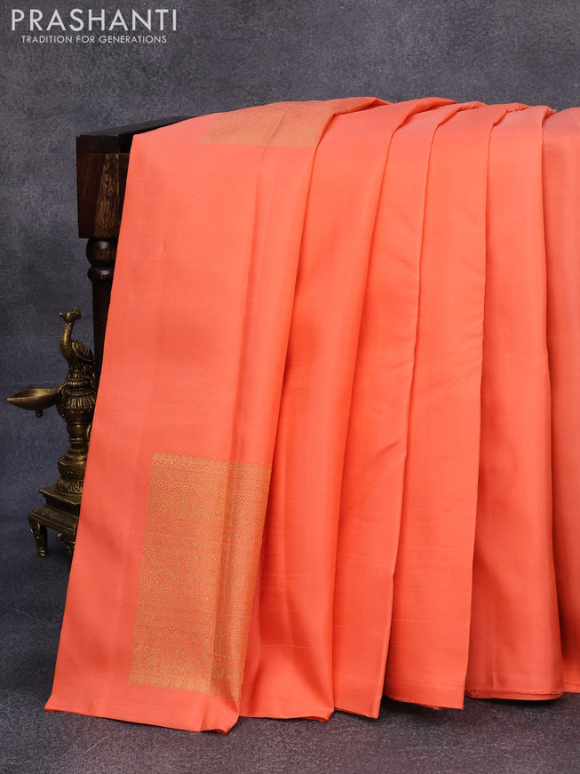 Pure kanjivaram silk saree peach orange and wine shade with box type zari woven buttas in borderless style butta style