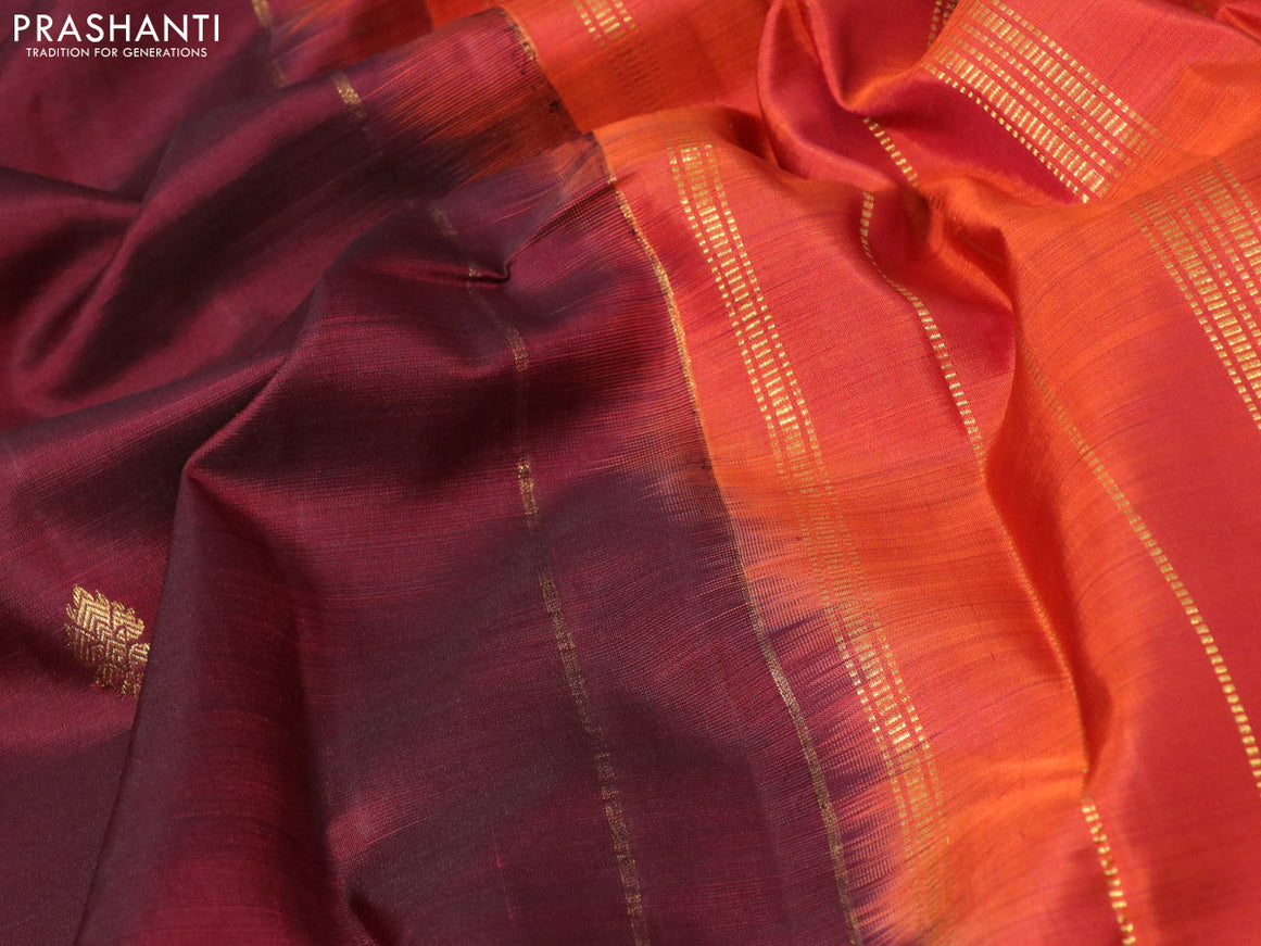 Pure kanjivaram silk saree maroon and orange with zari woven buttas and rich zari woven checked border butta style