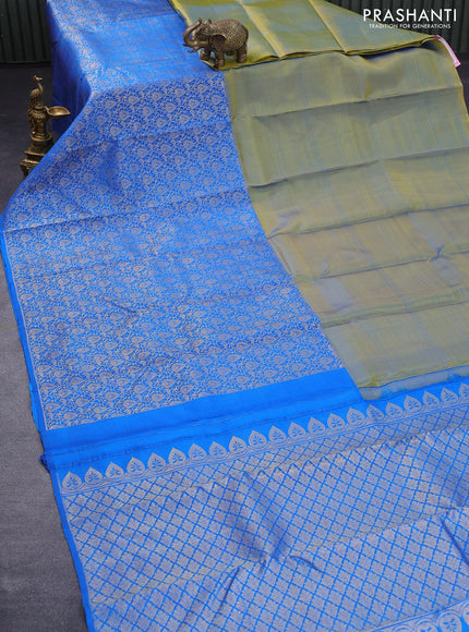 Pure kanjivaram silk saree dual shade of bluish yellow and blue with half & half style and long zari woven border half & half style