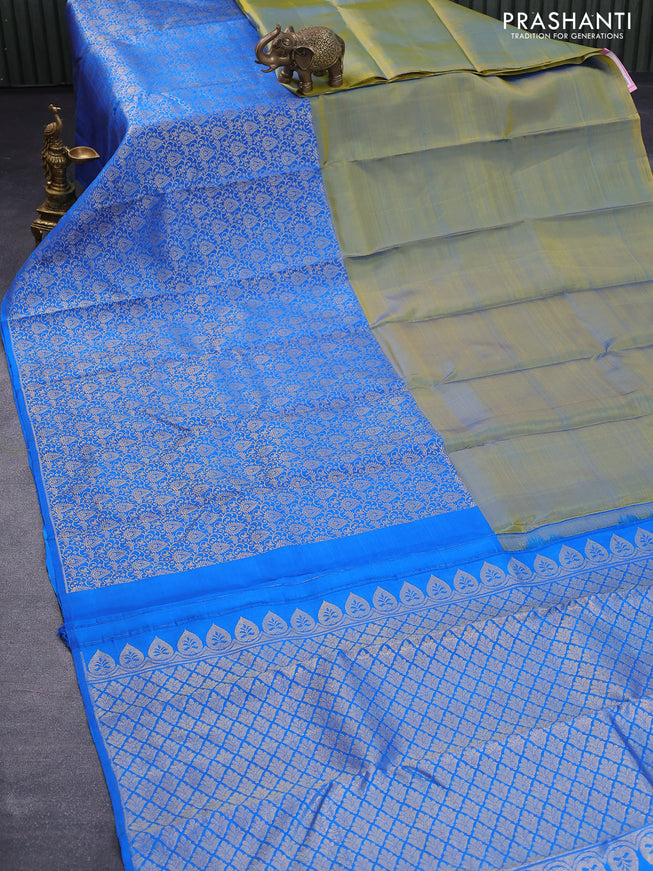 Pure kanjivaram silk saree dual shade of bluish yellow and blue with half & half style and long zari woven border half & half style