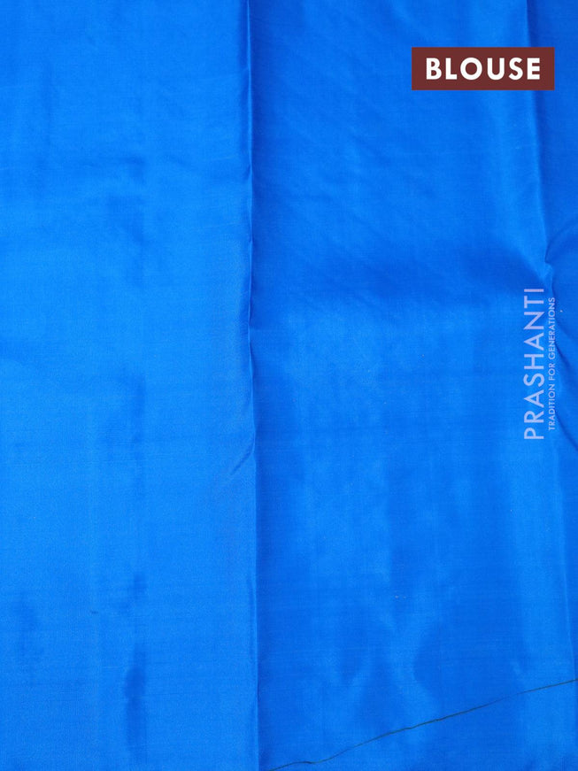 Pure kanjivaram silk saree dual shade of bluish yellow and blue with half & half style and long zari woven border half & half style