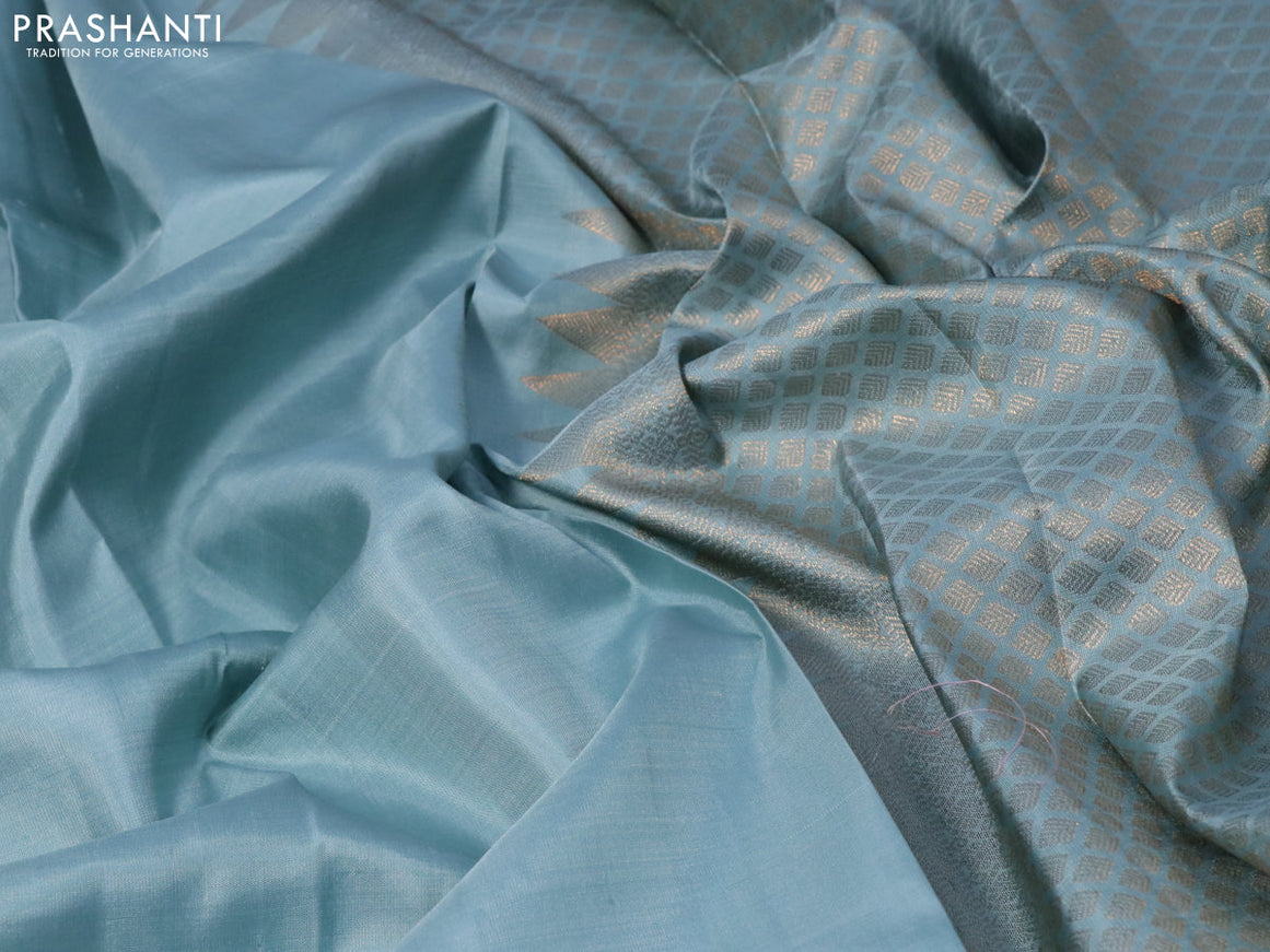 Pure kanjivaram silk saree pastel blue shade with zari woven buttas in borderless style borderless style