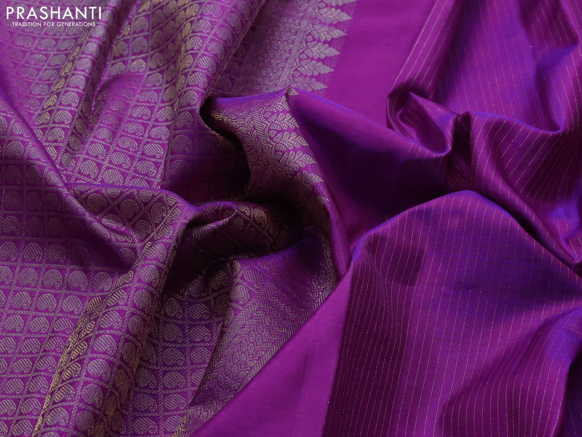 Pure kanjivaram silk saree dual shade of purple with allover zari stripe weaves and zari woven butta border allover weaves