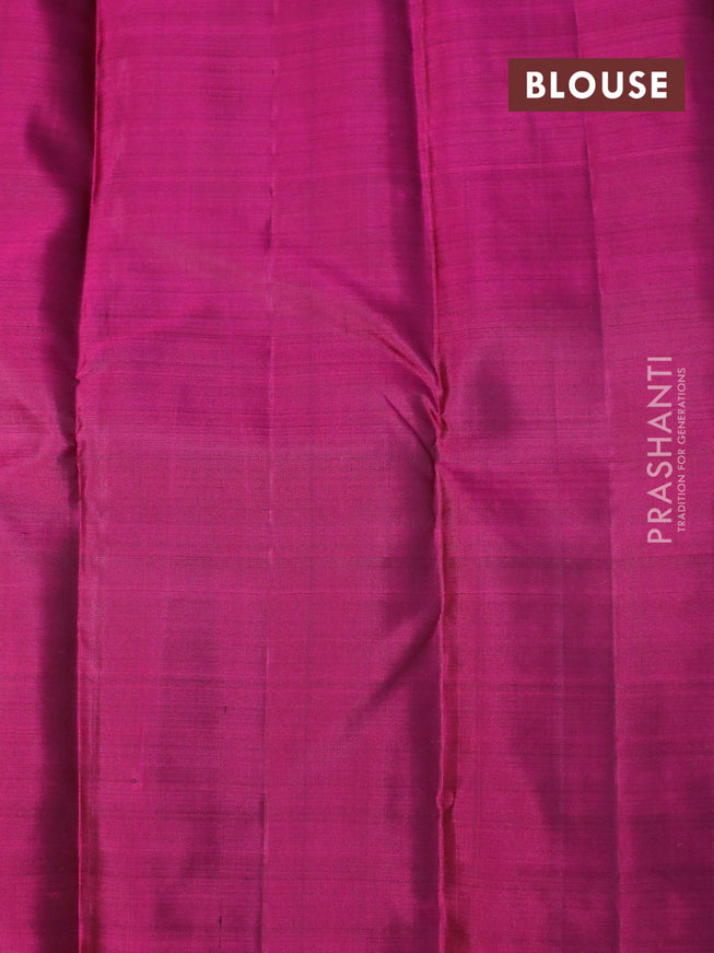 Pure kanjivaram silk saree green and magenta pink with zari woven buttas and long peacock design zari woven border butta style