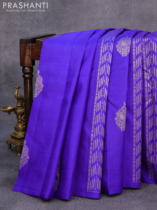 Pure kanjivaram silk saree royal blue and pink with silver zari weaves & buttas in borderless style borderless style
