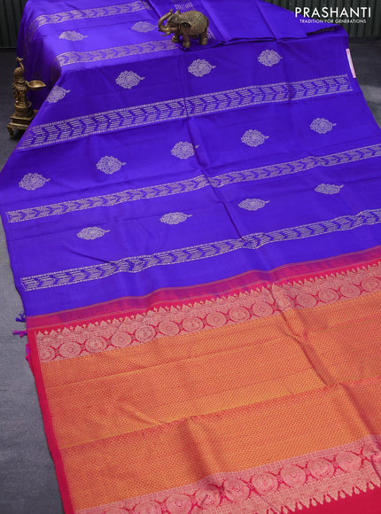 Pure kanjivaram silk saree royal blue and pink with silver zari weaves & buttas in borderless style borderless style