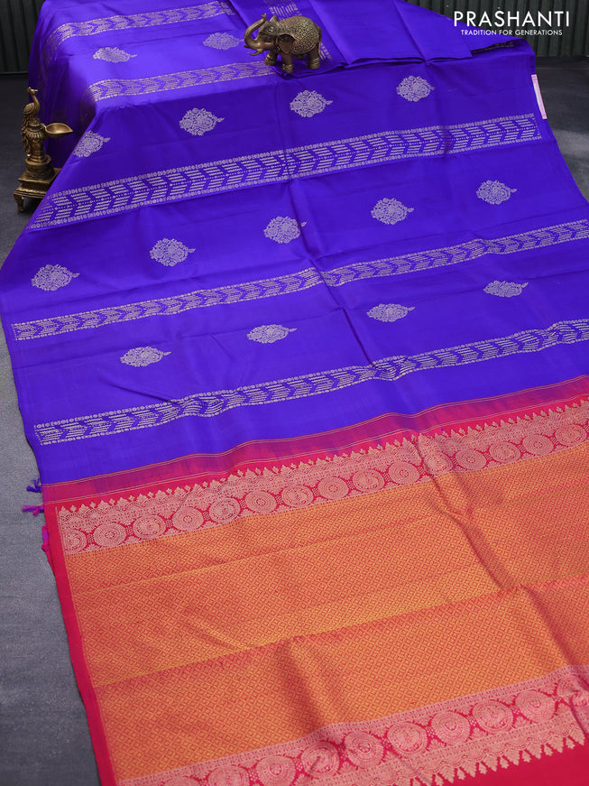 Pure kanjivaram silk saree royal blue and pink with silver zari weaves & buttas in borderless style borderless style