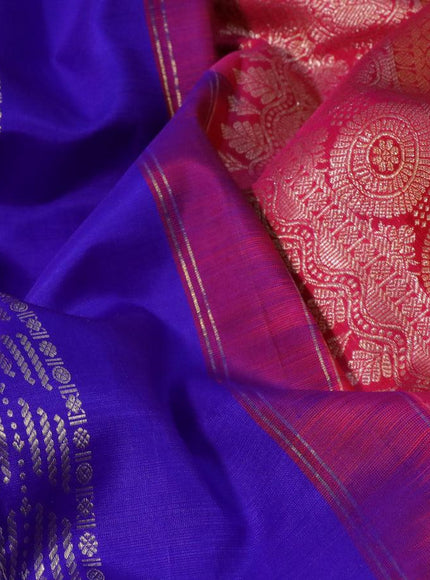 Pure kanjivaram silk saree royal blue and pink with silver zari weaves & buttas in borderless style borderless style