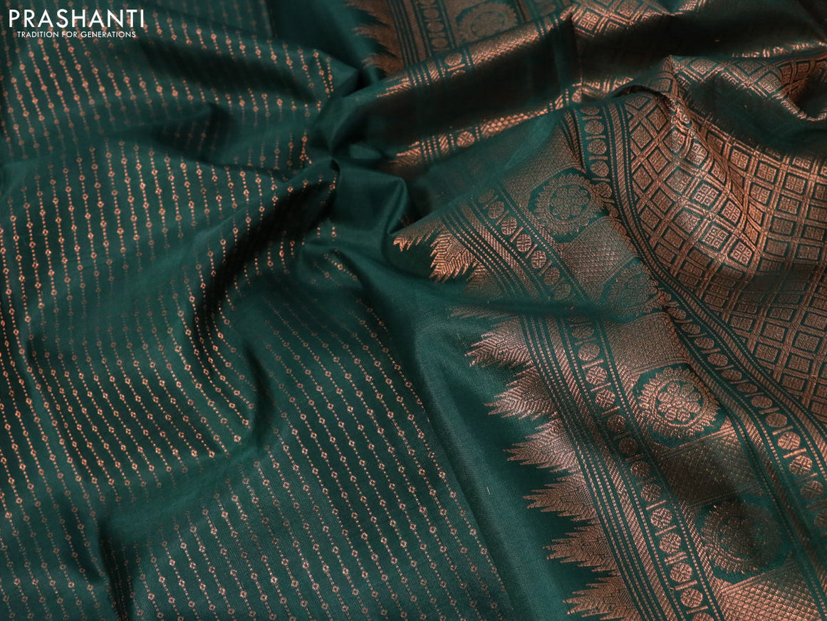Pure kanjivaram silk saree bottle green with allover copper zari weaves in borderless style borderless style