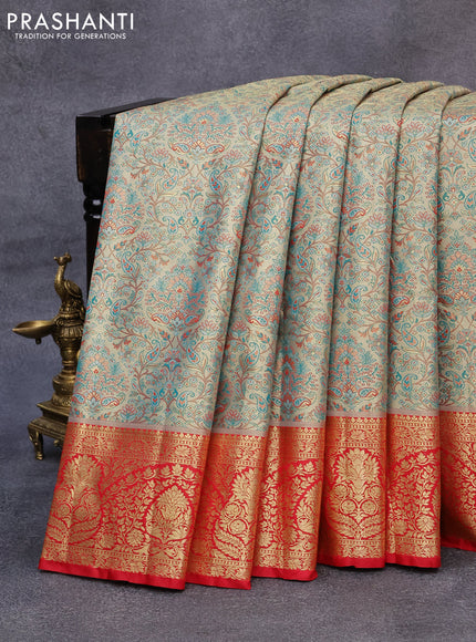 Tissue semi kanjivaram saree beige teal green and red with allover brocade weaves and zari woven border