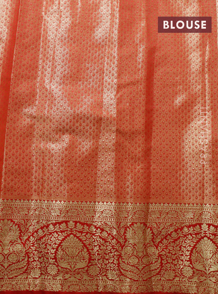 Tissue semi kanjivaram saree beige teal green and red with allover brocade weaves and zari woven border