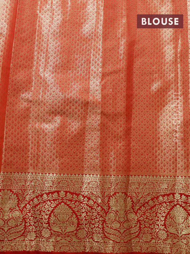 Tissue semi kanjivaram saree beige teal green and red with allover brocade weaves and zari woven border